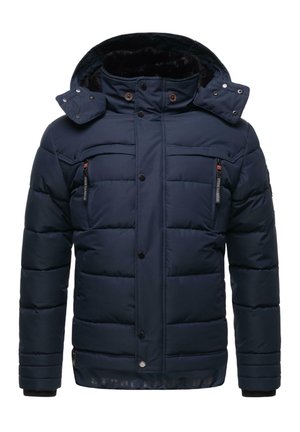 Dunkelblaues Puffer-Jacke mit einer mit Fell gefütterten Kapuze, Druckknöpfen, zwei Brusttaschen und gerippten Bündchen für zusätzlichen Komfort und Stil.