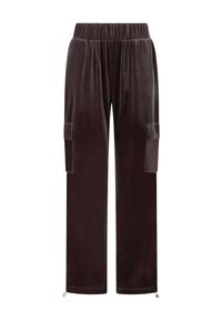 Pantalon droit en velours marron foncé doux avec taille élastique, poches cargo latérales et cordons de serrage réglables à l'ourlet.
