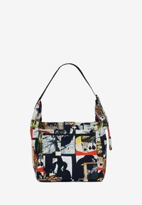 Sac à épaule multicolore avec un mélange d'impressions abstraites, doté d'une fermeture éclair, en tissu doux, et avec une seule sangle réglable.
