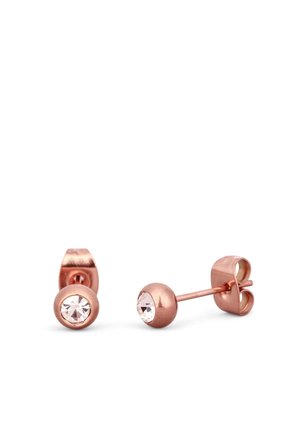 Rose gold stud earrings featuring a round design with a clear crystal centerpiece. Smooth metal texture with a polished finish.
