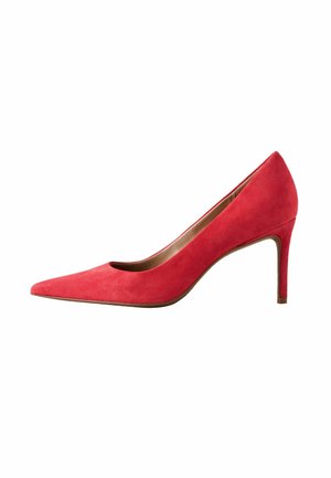 Red suede pointed-toe high heel shoe with a slim stiletto heel and low cut sides, displayed on a white background.
