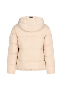 Giacca a vento beige con cuciture orizzontali, cappuccio attaccato e polsini elastici. Il tessuto appare liscio e isolante, progettato per il calore.