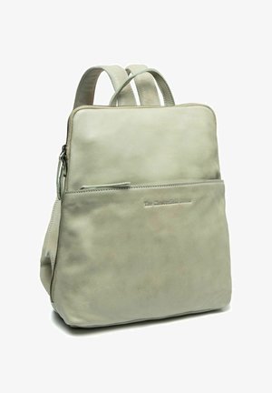 Light grey leather backpack with a smooth texture, featuring two shoulder straps, a front zip pocket, and embossed logo detail.