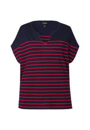 Granatowa bluzka z krótkim rękawem w czerwone poziome paski. Posiada dekolt w kształcie litery V i luźny krój. Wykonana z miękkiego, lekkiego materiału.