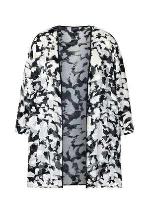Sort, hvid og grå abstrakt blomsterprintet cardigan med åben front, trekvartærmer og let, transparent stof.