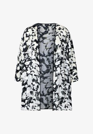 Zwart-wit-grijs abstract bloemmotief openvallend vest met driekwartmouwen en een lichtgewicht, doorschijnende stof.