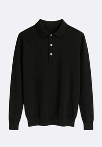 Polo a maniche lunghe nera con placca bottonata, colletto classico e polsini e orlo a coste, realizzata in tessuto morbido con una superficie liscia.
