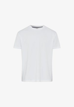 Weißes Baumwoll-T-Shirt mit Rundhalsausschnitt, kurzen Ärmeln und glatter Textur. Keine Muster oder Akzente. Standardpassform.