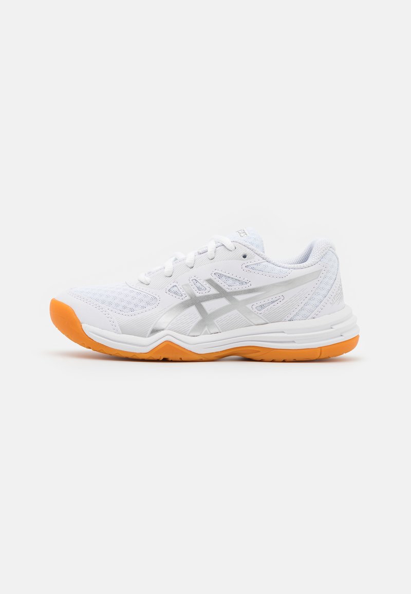 White athletic shoe with mesh upper, silver accents, and orange rubber sole. Features laces and a cushioned design for support.