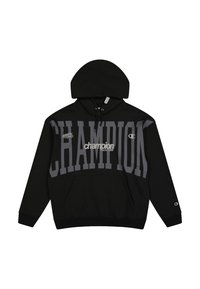 Felpa con cappuccio nera realizzata in misto cotone. Presenta un grande logo grigio "CHAMPION" e un dettaglio del logo più piccolo. Tasca a marsupio sul davanti.