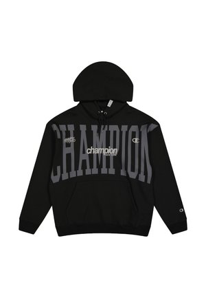 Black hooded sweatshirt made of cotton blend. Features large gray "CHAMPION" logo and smaller logo detail. Kangaroo pocket at front.