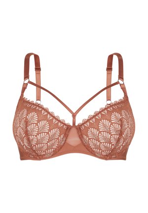 Soutien-gorge en dentelle marron avec un motif floral, doté de bretelles en satin réglables et d'un détail de design central. Éléments en maille semi-transparente.