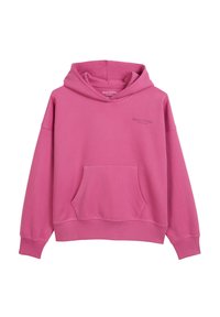 Różowa bluza z kapturem z kangurzą kieszenią, ściągaczami u dołu rękawów i u dołu. Posiada minimalistyczne logo w nieco ciemniejszym odcieniu na klatce piersiowej. Miękka tekstura materiału.