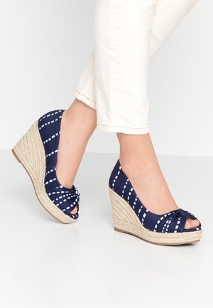 Femme portant un pantalon blanc et des sandales compensées bleu marine avec des rayures blanches en pointillés et un talon en osier.