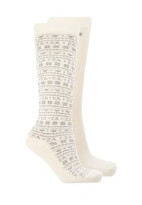 Calze al ginocchio in tessuto crema con motivi geometrici e dettagli grigi. Tessuto morbido con punta e tallone rinforzati per una maggiore durata.