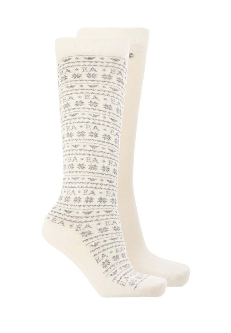 Calze al ginocchio in tessuto crema con motivi geometrici e dettagli grigi. Tessuto morbido con punta e tallone rinforzati per una maggiore durata.