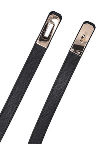 Black leather belt strap with a textured surface, featuring metal hardware accents at both ends. Rectangular shapes with a polished finish.