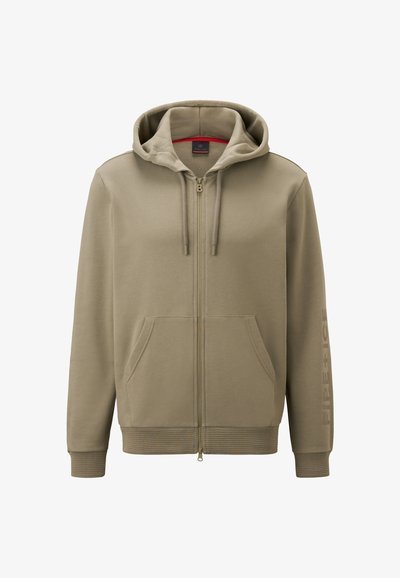 Khakifarbene Zip-Hoodie aus weichem Stoff, mit einem Frontreißverschluss, zwei großen Taschen, gerippten Bündchen und Saum sowie Logoschriftzug auf einem Ärmel.