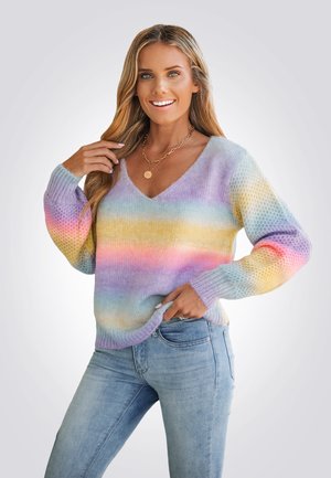 Pull à col en V à manches longues dans des couleurs pastel, présentant un dégradé de rose, jaune, bleu et violet avec un design en tricot texturé.