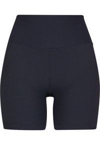 High-waisted navy ribbed shorts made of stretchy material with a snug fit. Features a seamless waistband and mid-thigh length.