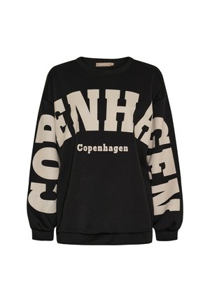 Sort sweatshirt med stor beige tekst "COPENHAGEN" tværs over bryst og ærmer, rund hals og lange puffede ærmer.