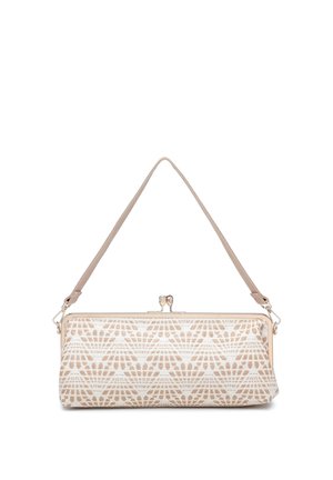 Clutch rettangolare beige e bianco con motivo geometrico, chiusura con telaio in metallo e tracolla removibile.