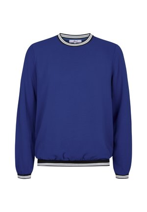 Koningblauwe lange mouw sweatshirt met zwart-wit gestreepte geribbelde kraag, manchetten en tailleband, met elastische zoom en mouwen.