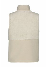 Beige fleeceväst med hög krage, med en texturerad övre del och slät nedre del, designad utan ärmar.