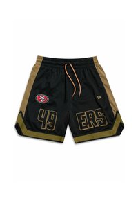 Bermudas atléticas de malla negra con acentos dorados, que presentan un logo rojo, el número "49" y "ERS" en letras en negrita y texturizadas.