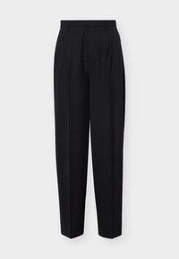 Μαύρο, ψηλόμεσο, ραμμένο παντελόνι με θηλιές για ζώνη, πιέτες μπροστά και ίσια γραμμή, εμφανιζόμενο σε απλό λευκό φόντο.