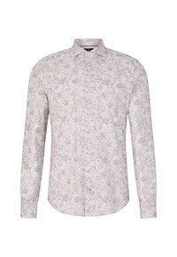 Langarmhemd in hellem Creme mit detailliertem floralen Muster in Beige und Braun. Verfügt über einen klassischen Kragen und eine Knopfleiste.