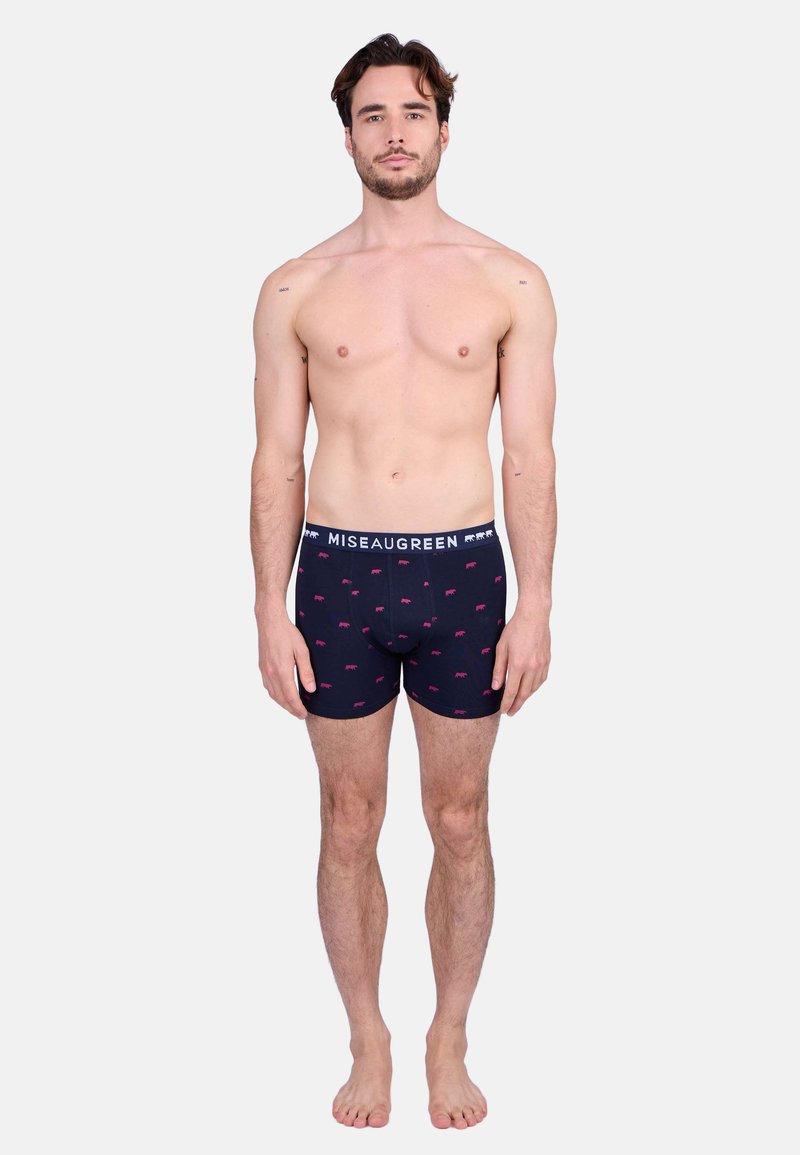 Boxer-briefs noirs avec des motifs animaliers roses, ceinture élastique avec le logo "MISEAUGREEN", design ajusté et texture douce.