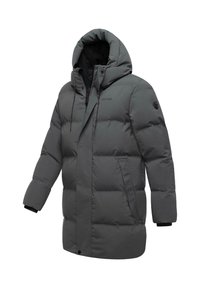 Chaqueta acolchada gris aislante con capucha, con cierre de cremallera, bolsillos laterales y puños elásticos. Textura suave con un acabado ligeramente brillante.