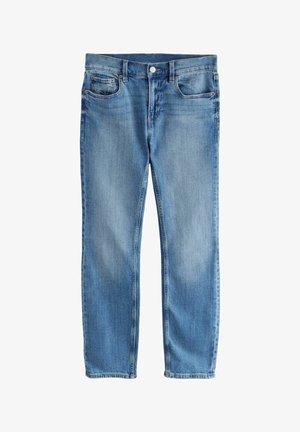 Lichtblauwe denim jeans met een recht model, voorzien van vijf zakken, hardware in kopertint en een licht vervaagde textuur.