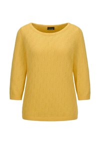 Gelb gestrickter Pullover mit strukturiertem Muster, Rundhalsausschnitt und Dreiviertelärmeln. Rippbündchen am Saum und den Ärmeln sorgen für einen lässigen Schnitt.