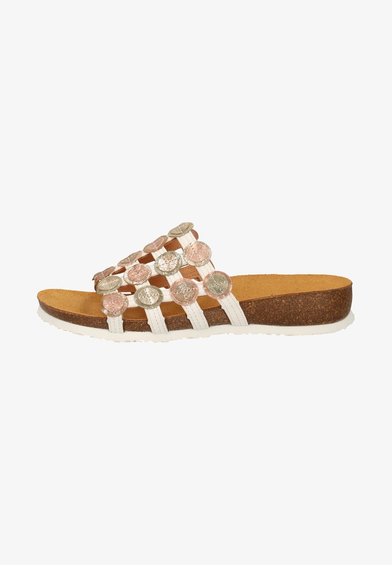 White slide sandal with cork sole, featuring multiple metallic circular accents in silver and rose gold, and soft fabric straps.