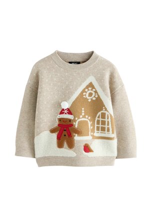 Maglione beige con un omino di pan di zenzero e un uccello, con un motivo di casa nei toni del marrone e bianco, texture a maglia e design con collo rotondo.