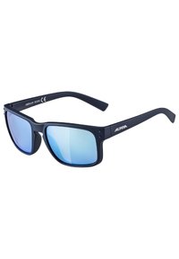 Schwarze Kunststoff-Sonnenbrille mit rechteckigem Rahmen und blau getönten Gläsern. Gummierte Bügel tragen den Markennamen "ALPINA" und kleine dekorative Akzente.