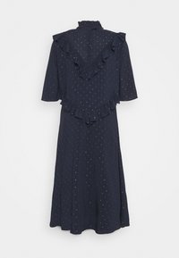 Robe midi bleu marine avec petits pois métalliques, manches courtes, col montant à volants et bordure à volants formant des formes en V au dos et à la taille.