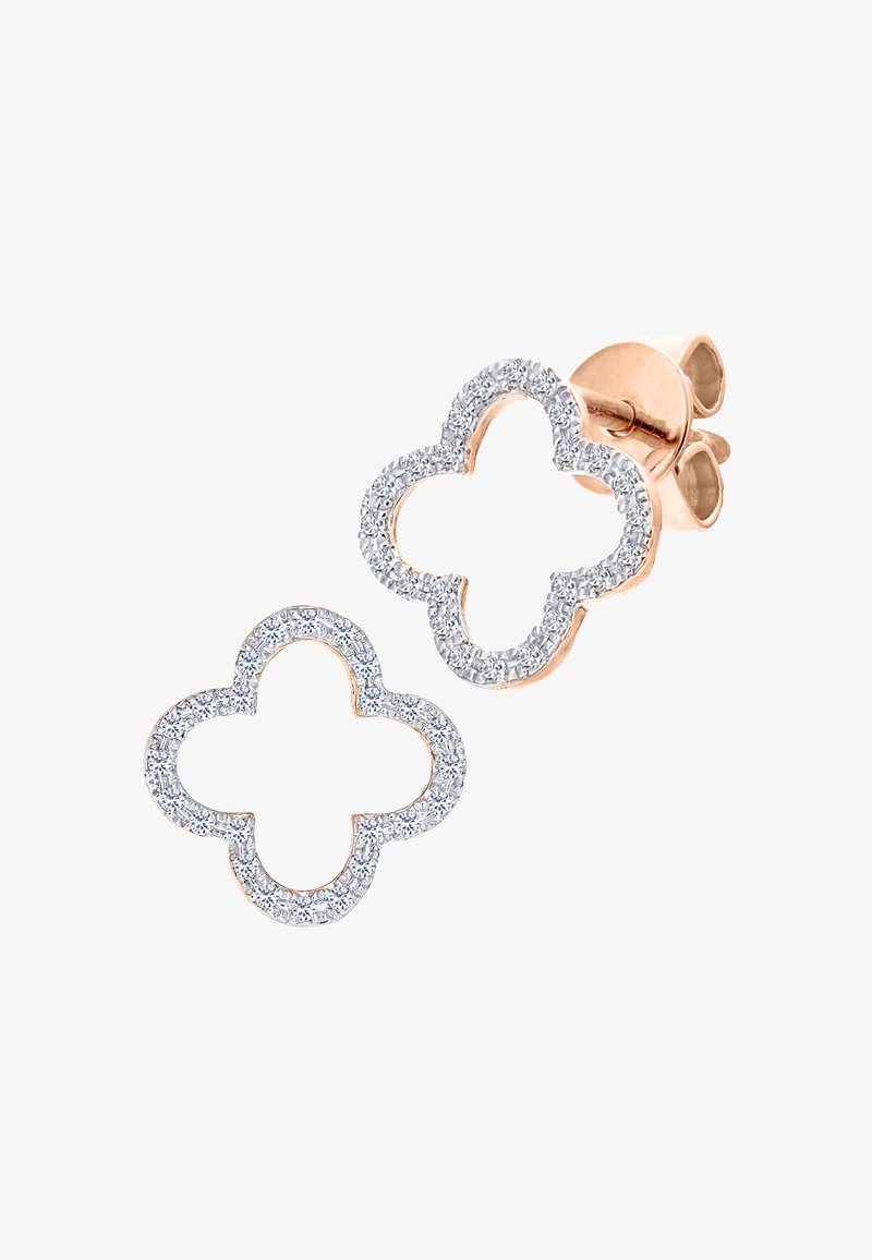 Rožinio aukso auskarai dobilų formos, apjuosti mažais skaidriais kubinio cirkonio akmenukais, su smeigtuko užsegimu patogiam dėvėjimui.