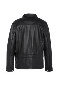 Giacca in pelle nera vista da dietro, con colletto classico, maniche lunghe e dettagli con bottoni automatici sui polsini. Texture liscia.