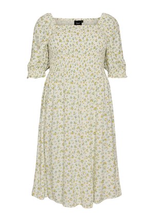 Vestito midi bianco con stampa floreale gialla, corpino arricciato, scollo quadrato e maniche a sbuffo lunghe fino al gomito con polsini arricciati.