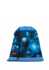 Blauer Sack mit Kordelzug, der ein Galaxiemuster mit Planeten, Sternen und einem einfarbigen blauen Boden aufweist. Rote Logo-Akzente an der Seite. Strapazierfähiges Material.