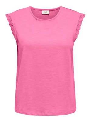 Top rosa sin mangas para mujer con escote redondo y ribete de encaje en los hombros, hecho de tela ligera.