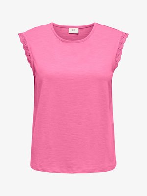 Top rosa sin mangas para mujer con escote redondo y ribete de encaje en los hombros, hecho de tela ligera.