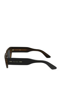 Sunglass med en svart och brun sköldpaddsmönstrad ram, plana linser och guldaccenter på skalmarna. Logotypen visas på ena skalmen.
