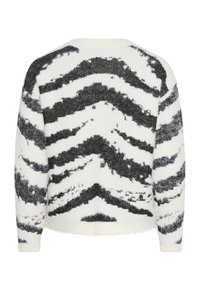 Puha kötött pulóver fekete és fehér absztrakt cikk-cakk és hullám mintákkal, hosszú ujjakkal és kerek nyakkivágással, hátulról bemutatva.