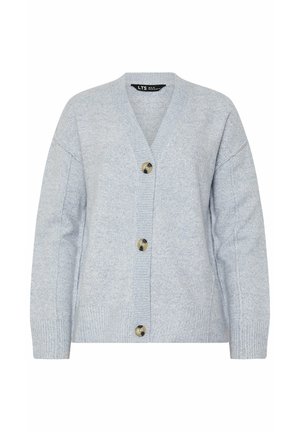 Cardigan lavorato a maglia di colore grigio chiaro con maniche lunghe, scollo a V, polsini e orlo a coste, e tre grandi bottoni in tartaruga sulla parte frontale.