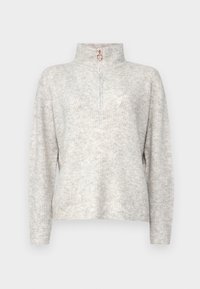 Light gray knit pullover with a high collar, half-zip closure featuring a metal ring pull, and textured vertical ribbing.