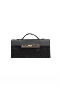 Sac à main noir avec une partie supérieure en cuir texturé et une section inférieure perforée. Quincaillerie dorée avec le logo "CUSTO" à l'avant.